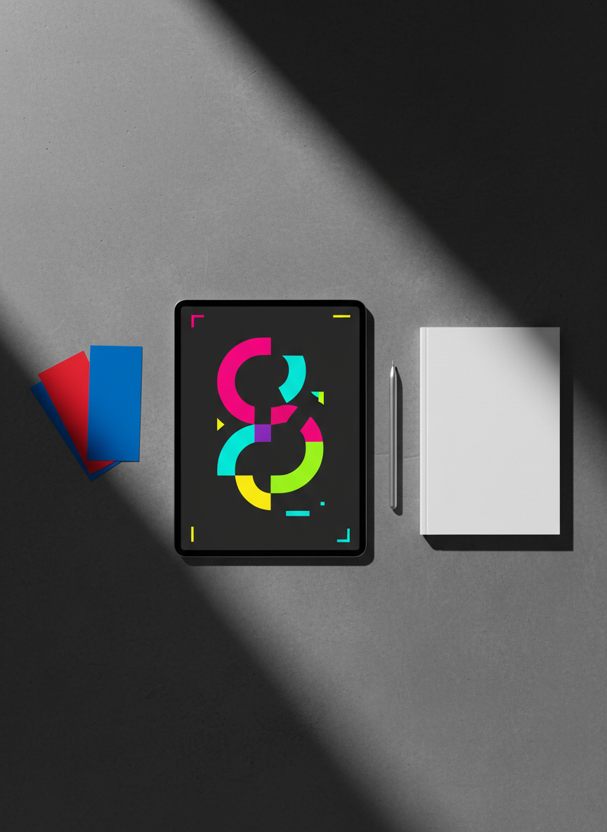 A sleek, high-resolution flat lay of a minimalist graphic designer’s workspace, with a bold black tablet displaying an abstract, neon-accented poster design on a deep charcoal background. Surrounding it are neatly arranged color swatch cards in vivid primaries, a matte silver stylus, and a clean, unbranded notebook with sharp corners. The scene rests on a smooth, dark concrete desk with subtle texture. Bright, directional studio lighting from the left carves crisp highlights and defined shadows, emphasizing strong contrast. The background is intentionally uncluttered and softly fading to darkness. Shot from a bird’s-eye view with photographic realism, the composition is tight and centered, conveying a confident, bold, modern portfolio aesthetic.