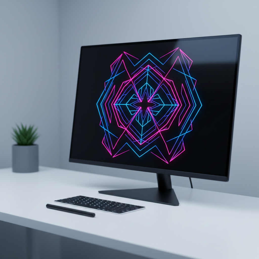 A large, frameless monitor on a clean white desk displays a full-screen, high-contrast geometric graphic design in electric blues and hot magentas on a deep black background. Next to the monitor lies a matte-black graphics pen and a slim wireless keyboard, all meticulously aligned. The surrounding space is intentionally minimal, with only a single small monochrome plant pot in the far corner, softly blurred. Cool, controlled studio lighting creates a crisp, even illumination with gentle reflections on the screen and subtle shadows underneath the objects. Captured at eye level with a slight three-quarter angle, sharp focus on the screen and a mild falloff toward the edges. The mood is bold, futuristic, and highly professional, ideal for a digital portfolio hero image.