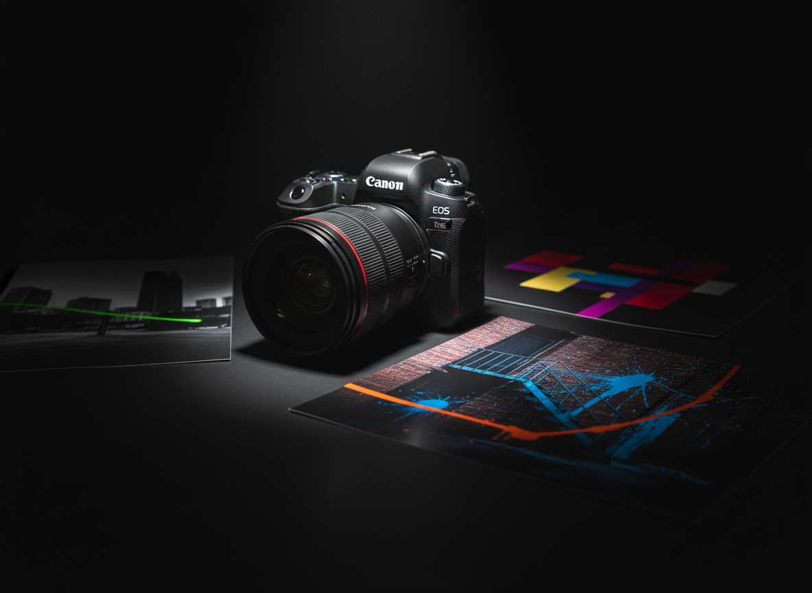 A dramatic photographic scene of a professional camera with a large prime lens resting on a matte black surface, surrounded by a few carefully placed, partially visible photo prints featuring high-contrast urban and abstract compositions. The camera body has a subtle sheen and crisp detailing on dials and buttons, while the prints reveal splashes of color against dark backgrounds. A single narrow beam of overhead light illuminates the camera and nearest print, leaving the rest of the frame falling into deep, velvety shadow. Captured from a low, three-quarter angle with a shallow depth of field, the focus is razor-sharp on the lens glass and front print edges. The mood is bold, cinematic, and intensely focused, perfect for emphasizing photographic work within a graphic design portfolio.