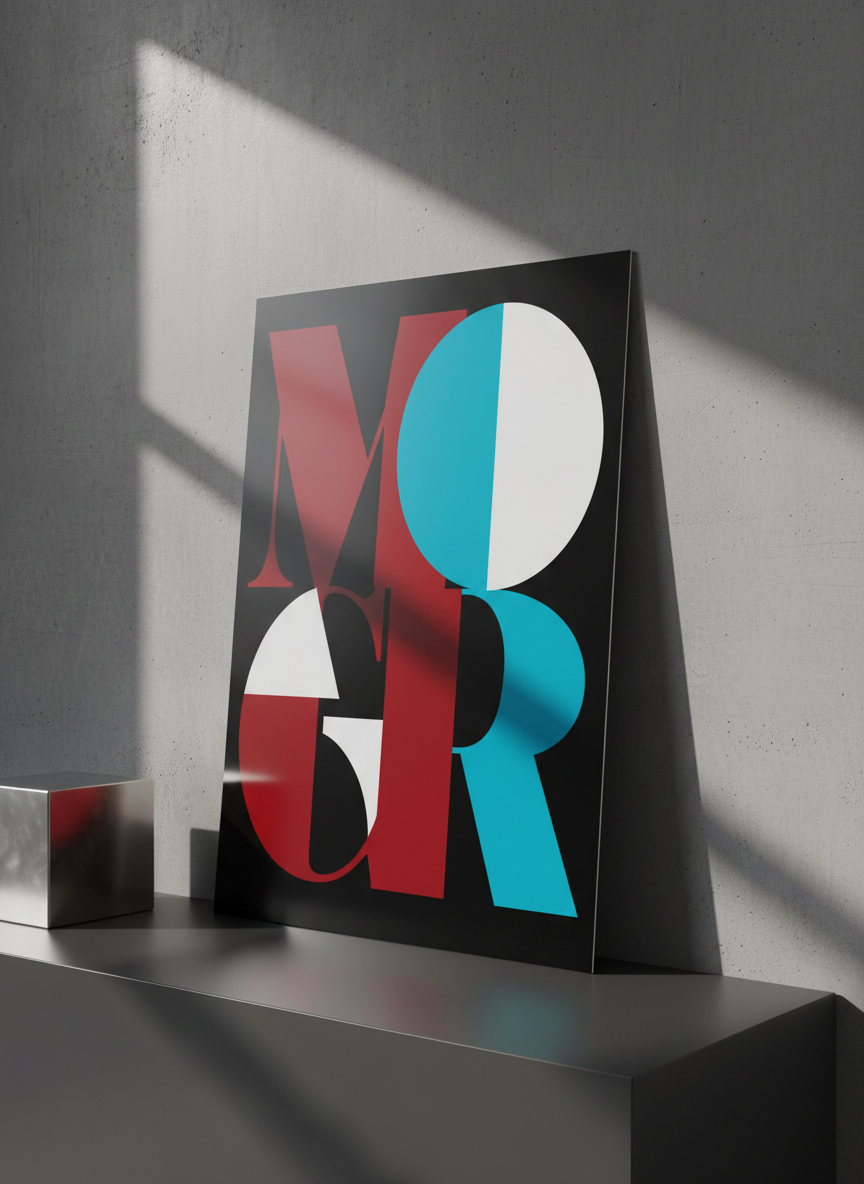 A striking close-up of a glossy, high-quality printed poster leaning against a smooth concrete wall, showcasing an abstract, high-contrast graphic composition with bold typography-like shapes in crimson, cyan, and pure white on matte black. The poster sits on a low, matte charcoal shelf with a single metallic cube sculpture beside it, slightly out of focus. Dramatic side lighting from the right creates sharp, graphic shadows on the wall and a subtle reflection along the poster’s edge. The composition is photographed straight-on with a slightly low angle, emphasizing the artwork’s dominance while keeping the background minimal and uncluttered. Photographic realism with a bold, gallery-like atmosphere that highlights print work in a professional portfolio.