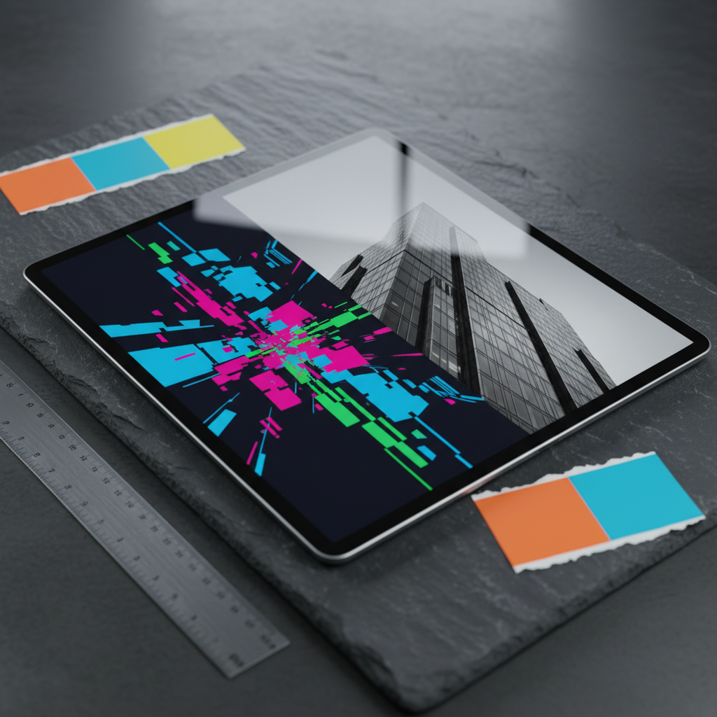 A high-impact image of a digital tablet lying slightly angled on a dark, textured slate surface, displaying a split-screen portfolio: one side a vivid, glitch-inspired graphic design, the other a striking monochrome photograph of architectural lines. Around the tablet are a few clipped test prints with cropped, colorful edges and a metallic ruler, partially visible and neatly aligned, hinting at precise craftsmanship. Focused, cool studio lighting from above creates crisp reflections on the tablet glass and subtle gradients on the slate texture, while the background falls quickly into soft blur. Shot from a slightly elevated three-quarter angle, the composition uses rule of thirds to keep the tablet dominant. The overall mood is bold, technical, and refined, showcasing the combination of graphic design and photography.